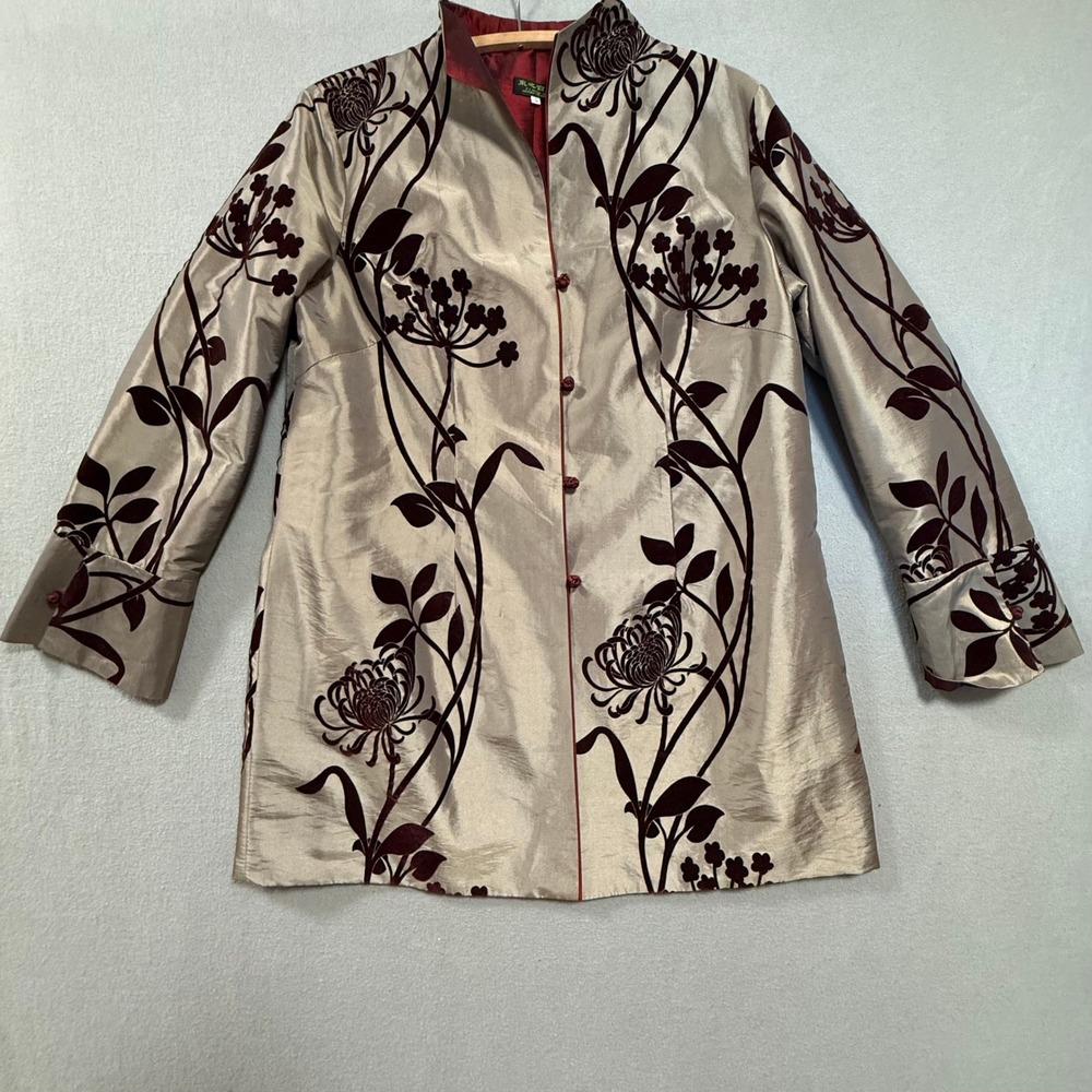 Elegant Asian Velvet Satin Floral Reversible Kimono Coat Size 14